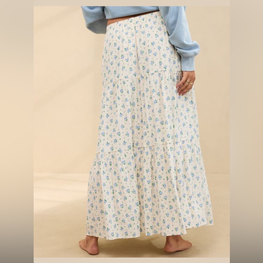 Aerie Cream and Blue Floral Maxi Skirt